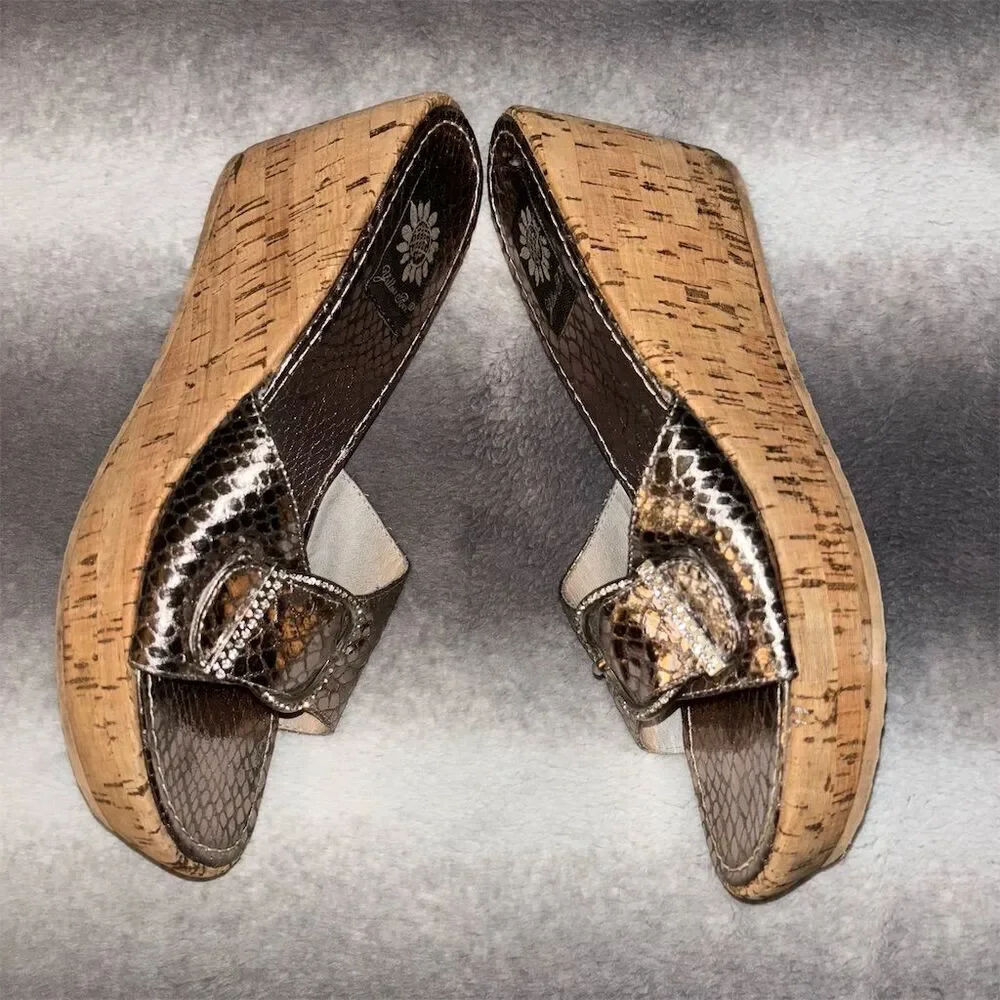 Yellow Box Shelly Bronze Rhinestone Snakeskin Cork Wedge Sandals - Picture 6 of 12